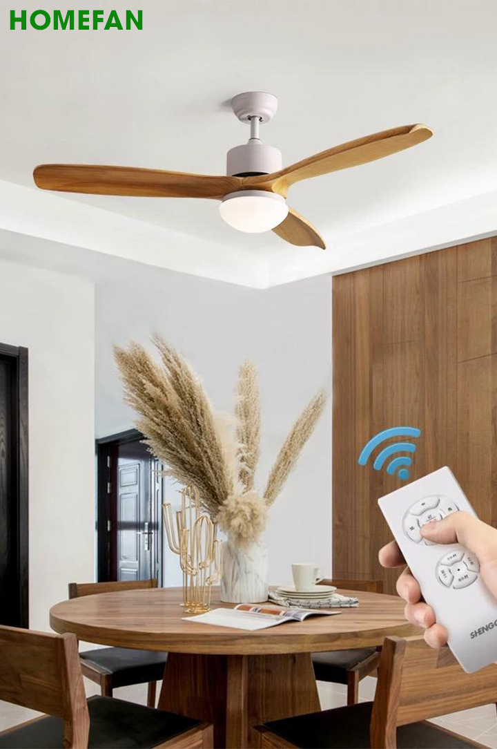 Quạt trần HOMEFAN HL-FAN690 ba cánh gỗ thông treo trên bàn ăn tròn, sải cánh quạt trần 1 220 mm cho phòng khoảng 20 m²